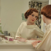 1930s candlelight satin with bell sleeves and pleating detail and puddle train, detail